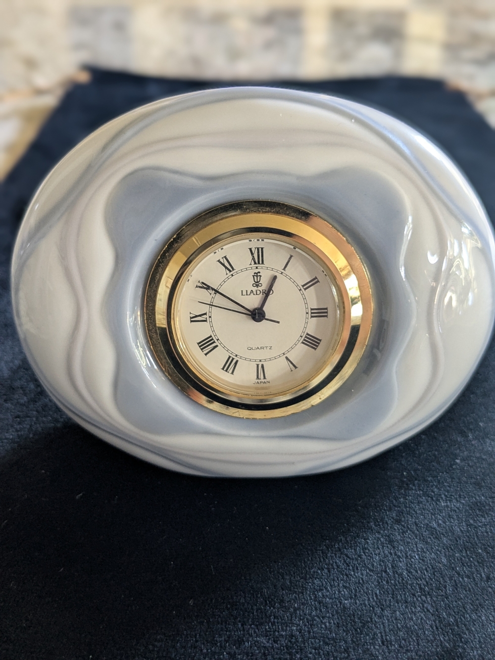 Lladro Gray Marble-Effect Porcelain Mantel Clock with Gold Bezel
